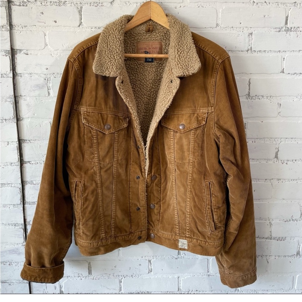 Vintage Abercrombie & Fitch Tan Brown Corduroy Trucker Jacket Sherpa Lined Coat - Picture 14 of 15